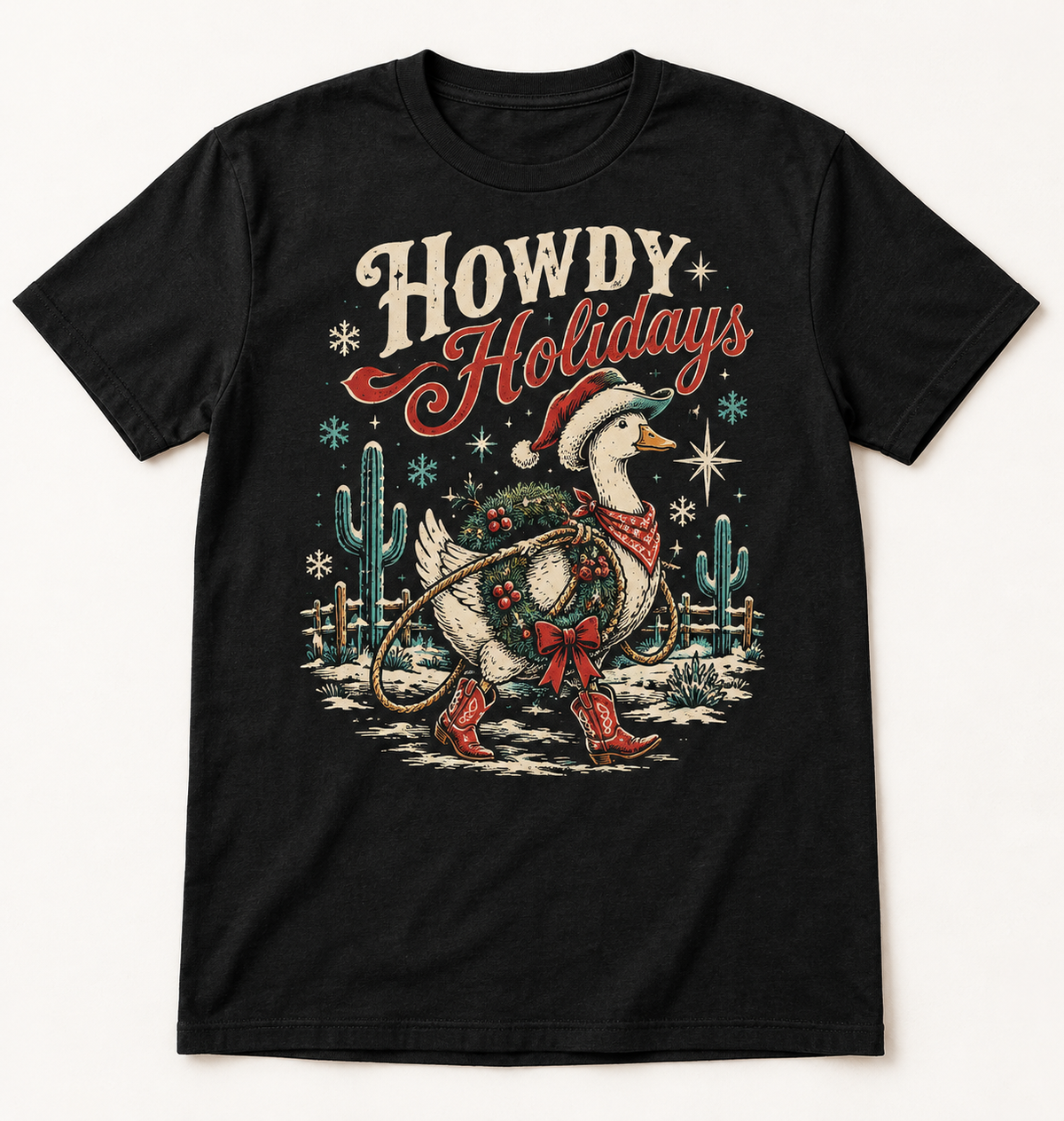 Howdy Holidays Western Christmas tee mockup
