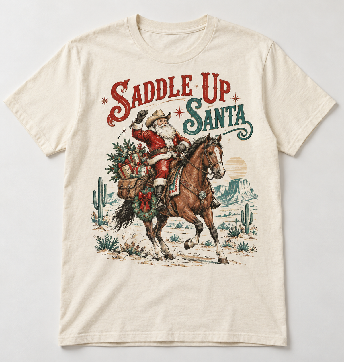 Saddle Up Santa Western Christmas tee mockup