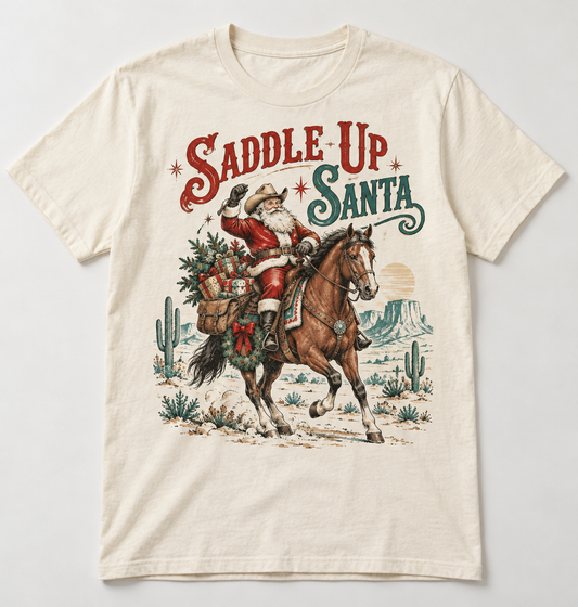 Saddle Up Santa Western Christmas tee mockup