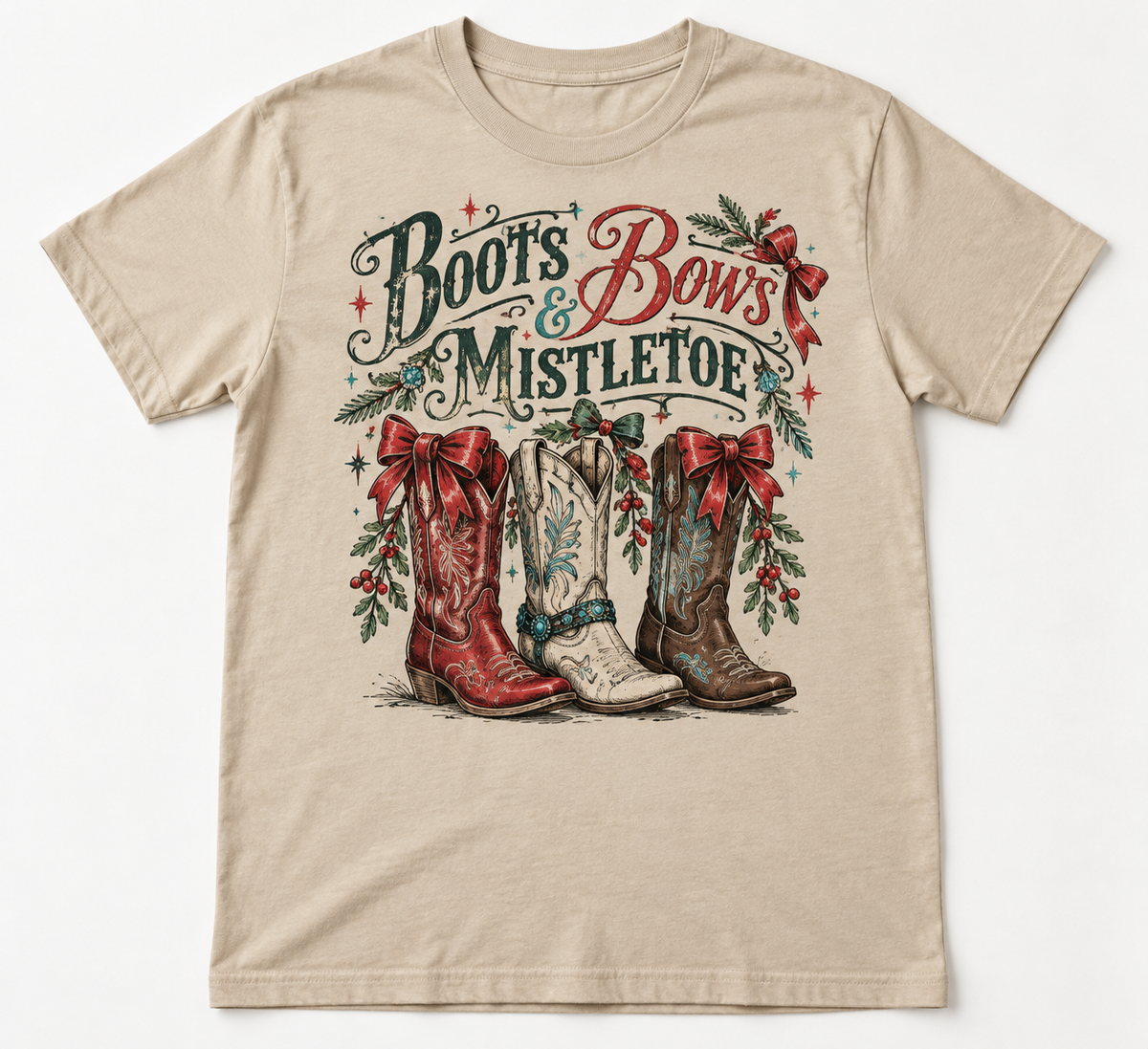 Boots Bows & Mistletoe Western Christmas tee mockup