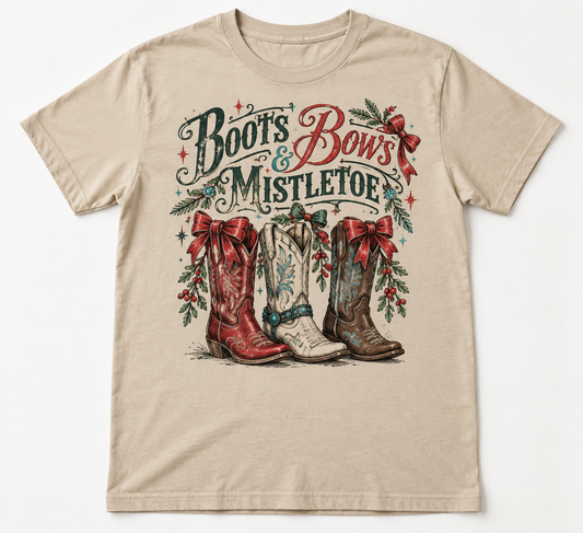 Boots Bows & Mistletoe Western Christmas tee mockup