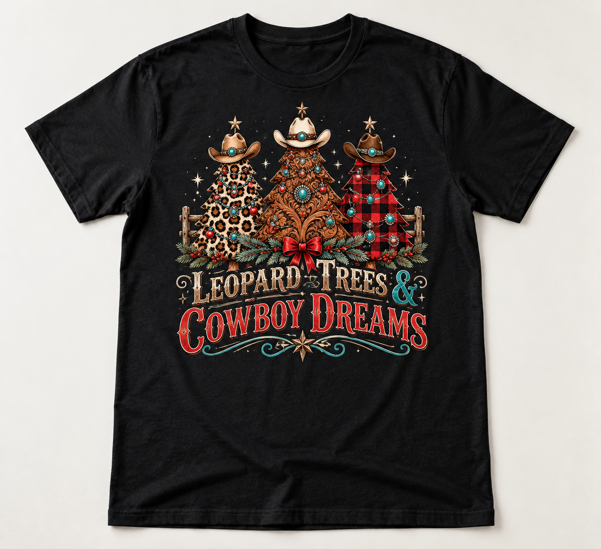 Leopard Trees & Cowboy Dreams Western Christmas tee mockup