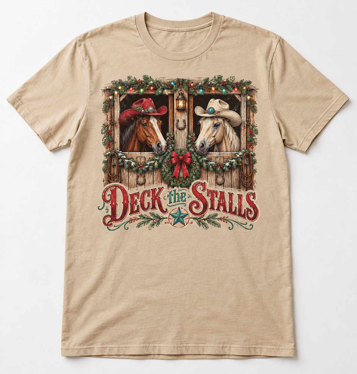 Deck the Stalls Western Christmas tee mockup