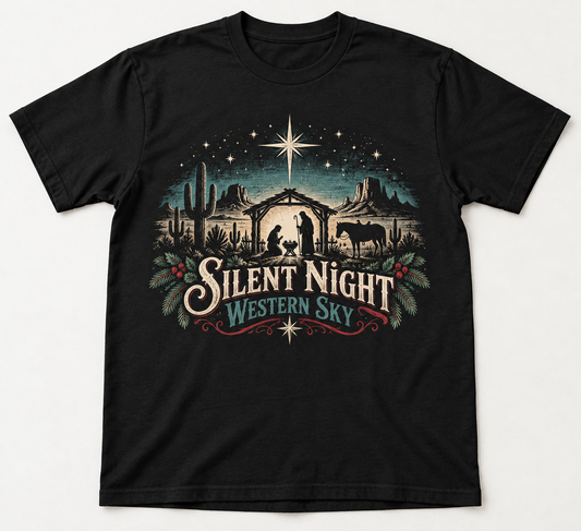 Silent Night Western Sky Western Christmas tee mockup