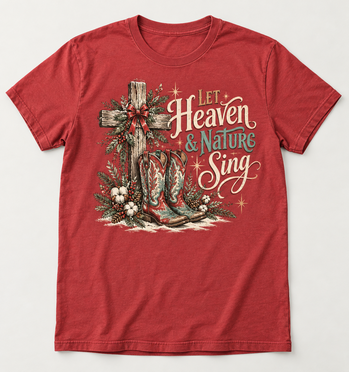 Let Heaven & Nature Sing Western Christmas tee mockup