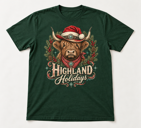 Highland Holidays Western Christmas tee mockup