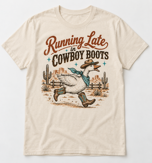 Running Late in Cowboy Boots western tee mockup