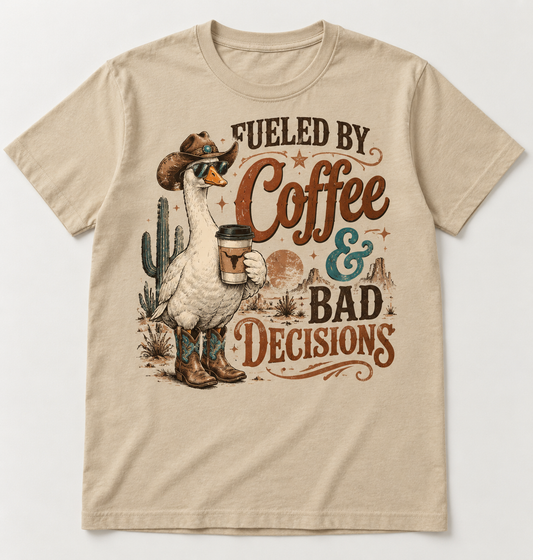 Fueled by Coffee & Bad Decisions western tee mockup