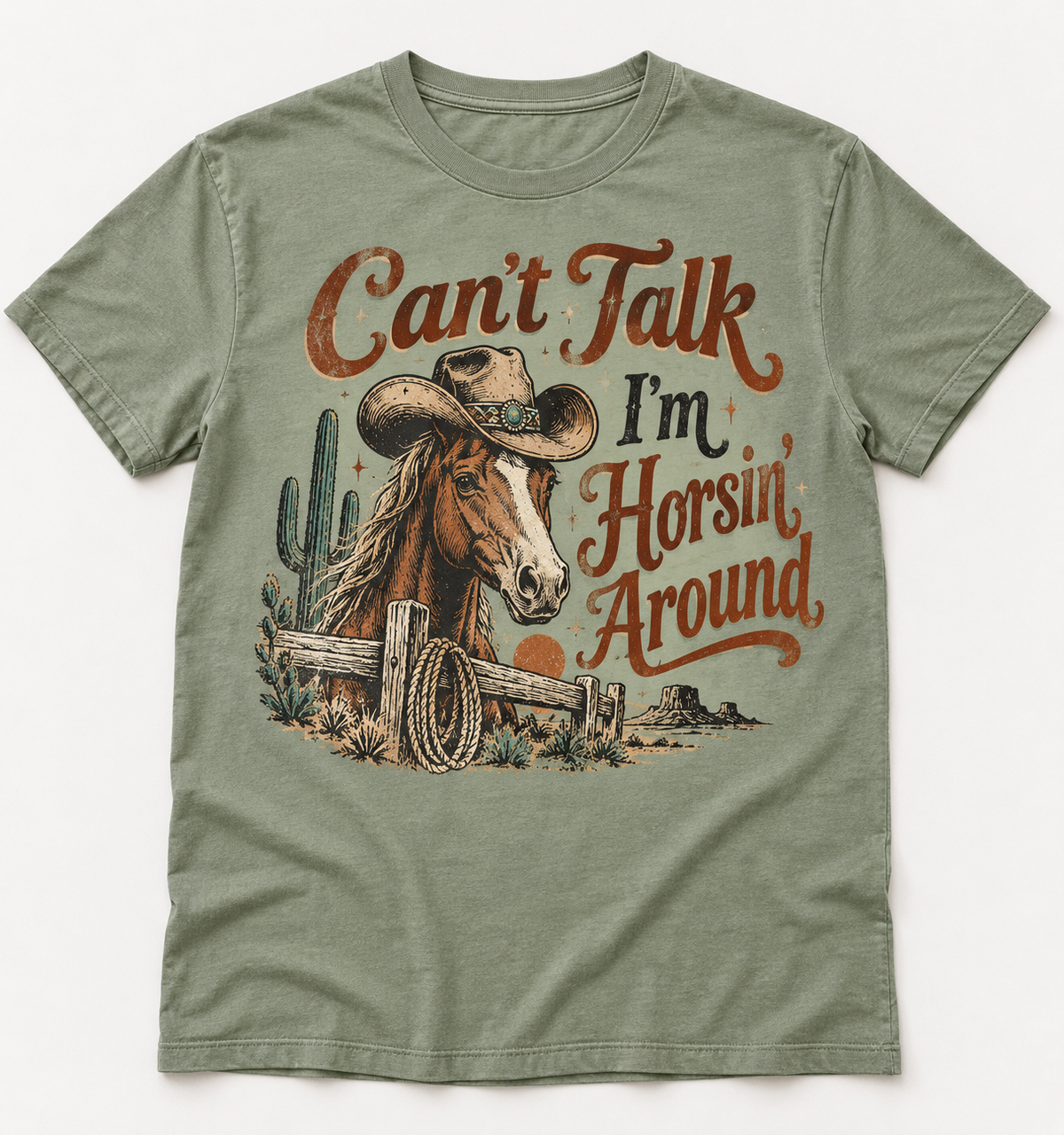 Can't Talk I'm Horsin' Around western tee mockup