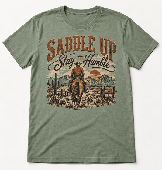 Saddle Up Stay Humble western tee mockup