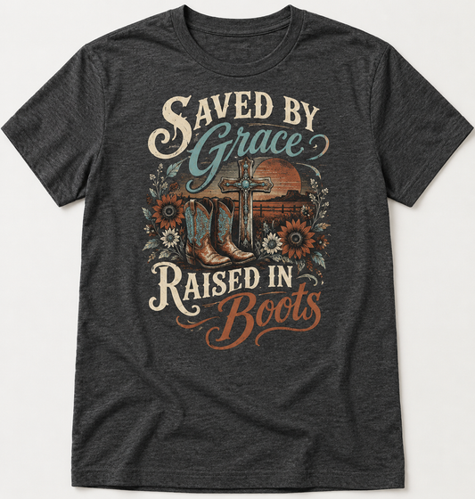 Saved by Grace Raised in Boots western tee mockup