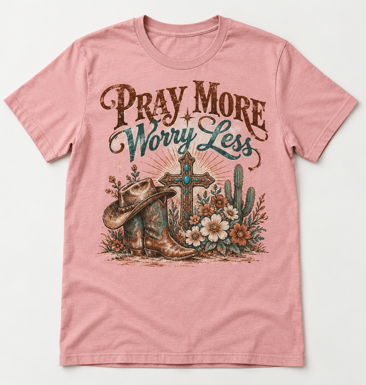 Pray More Worry Less western tee mockup