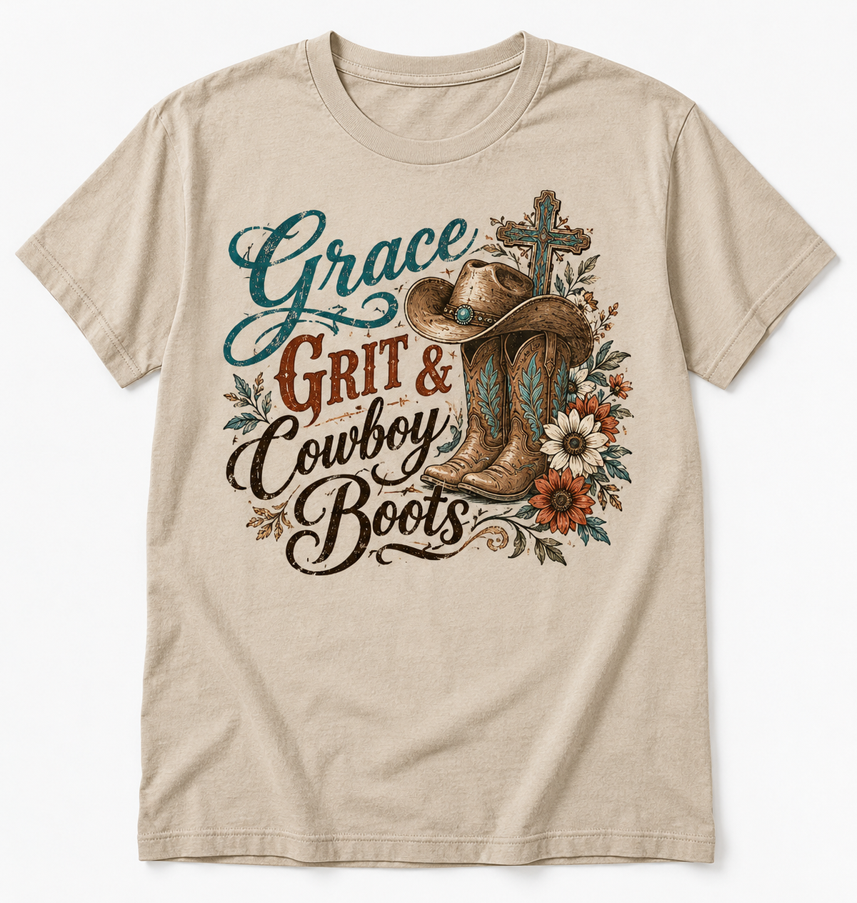 Grace Grit & Cowboy Boots western tee mockup