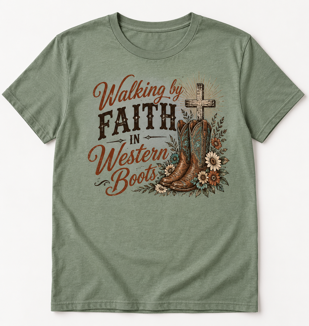 Walking by Faith in Western Boots western tee mockup