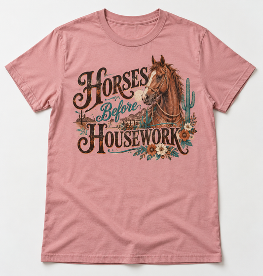 Horses Before Housework western tee mockup