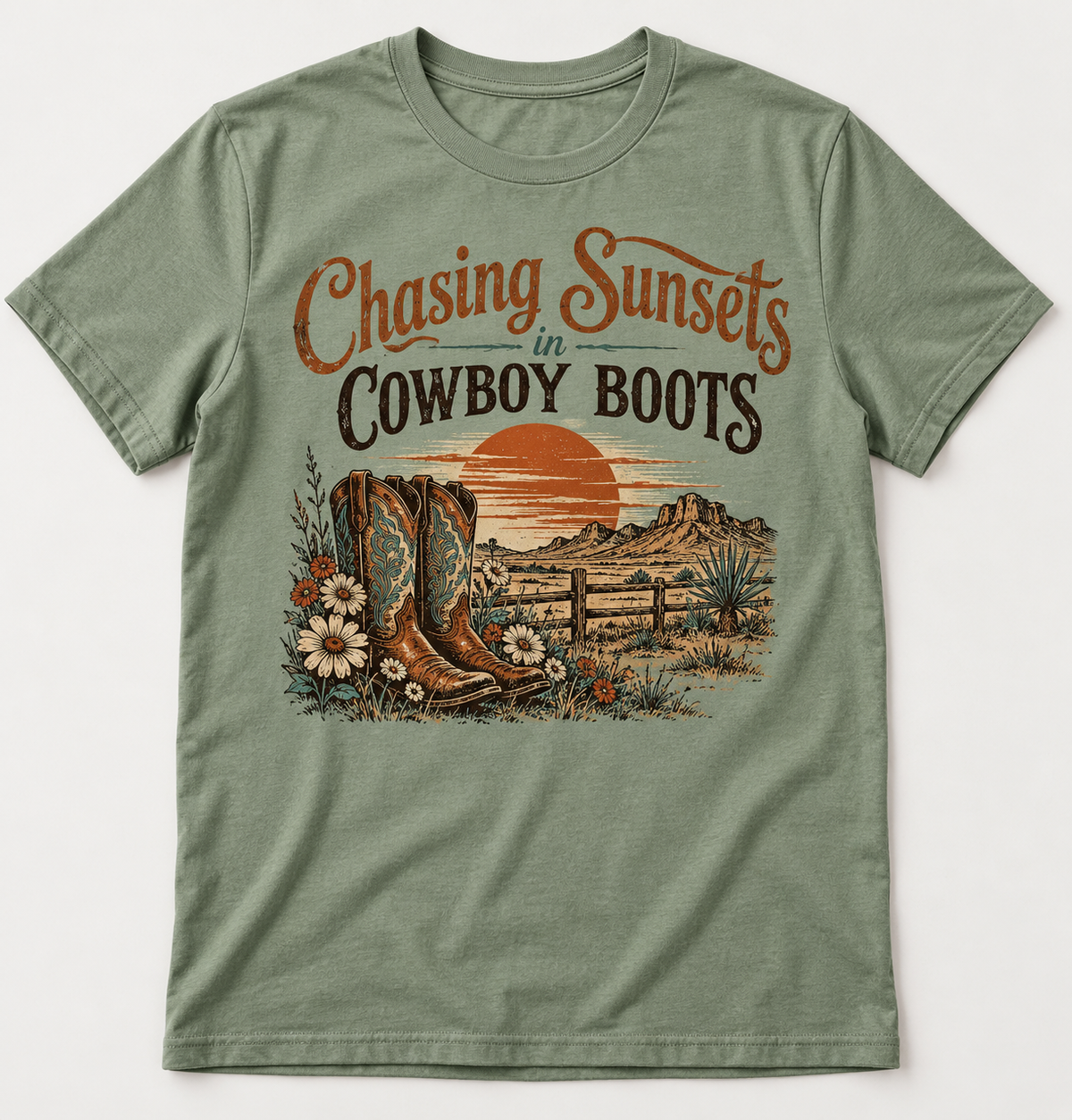 Chasing Sunsets in Cowboy Boots western tee mockup
