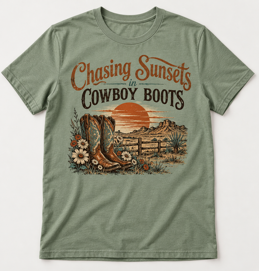 Chasing Sunsets in Cowboy Boots western tee mockup