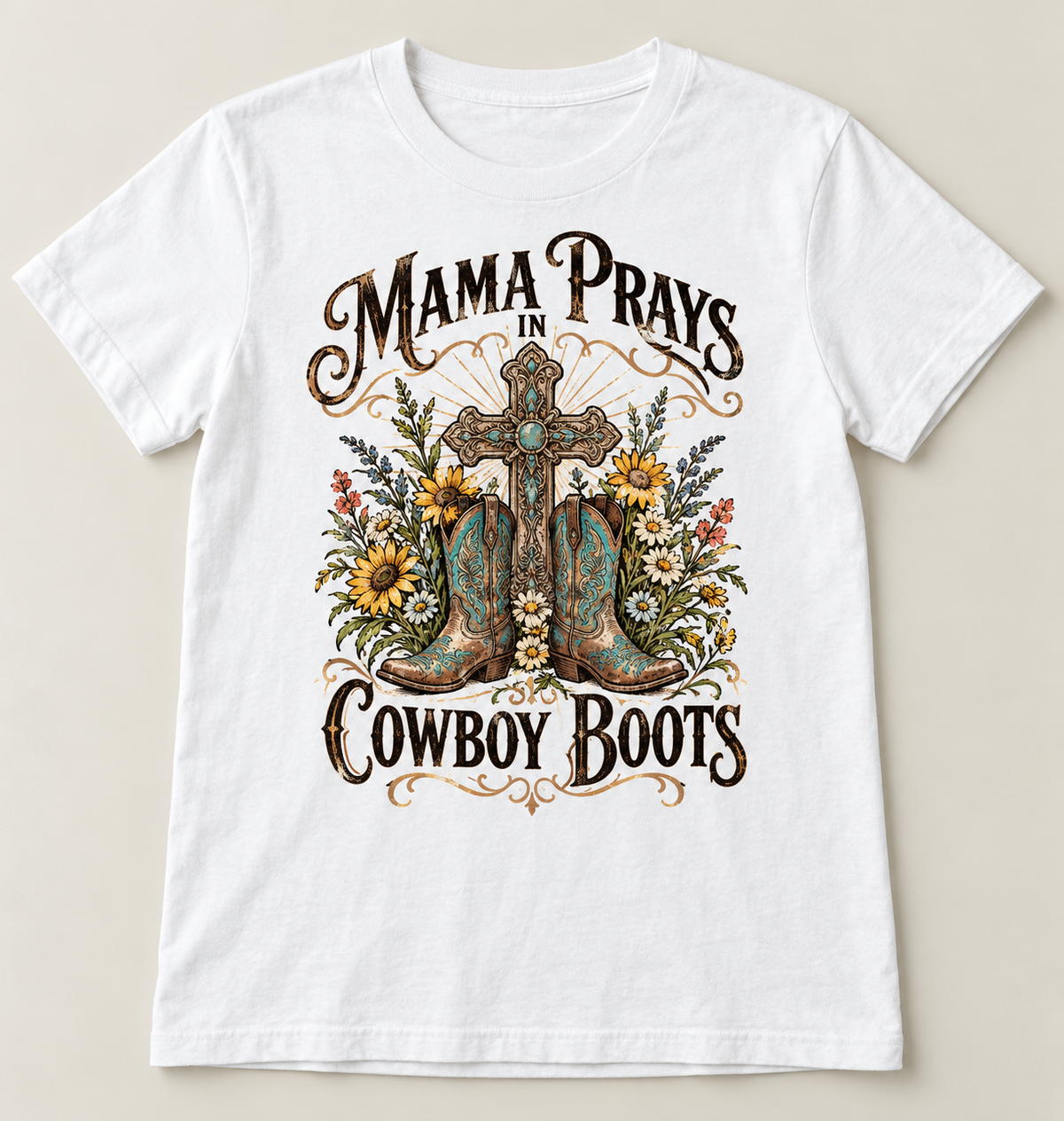 Mama Prays in Cowboy Boots tee mockup