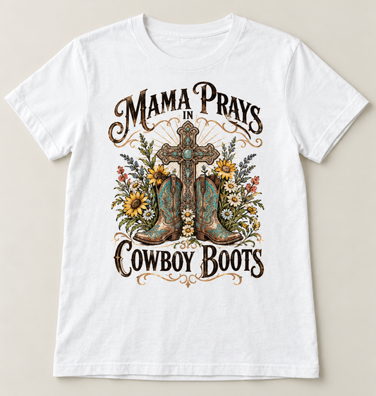 Mama Prays in Cowboy Boots tee mockup