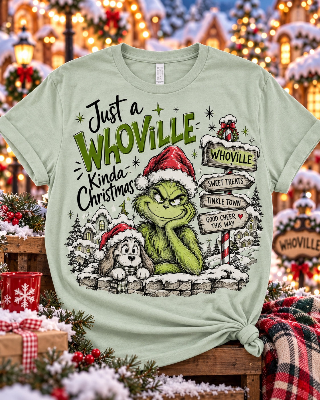 Sage green Just a Whoville Kinda Christmas tee with full front print